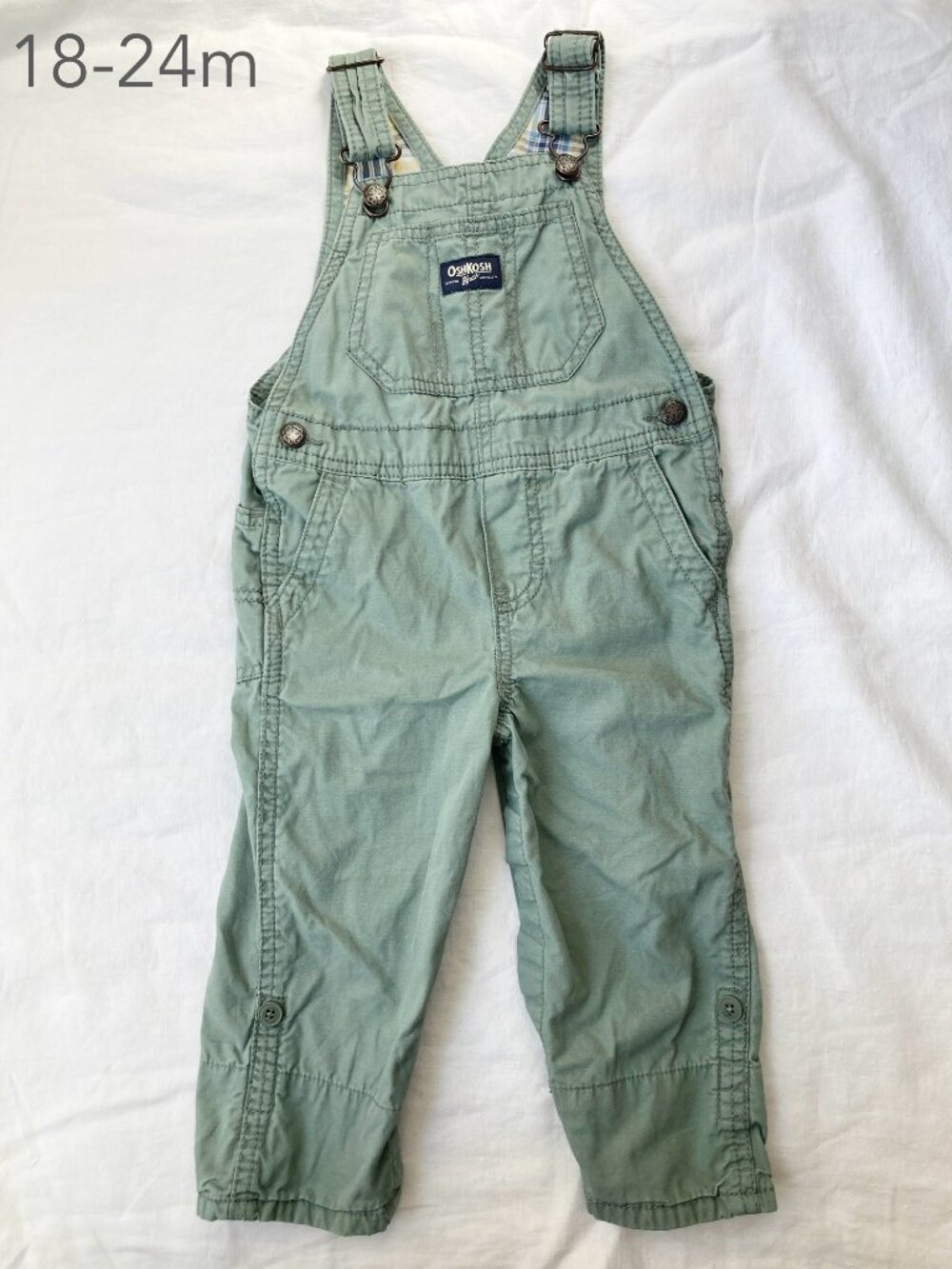 💙2/$25 OshKosh 18-24 Months Toddler Boy Girl Green Cargo Khaki Overalls Spring